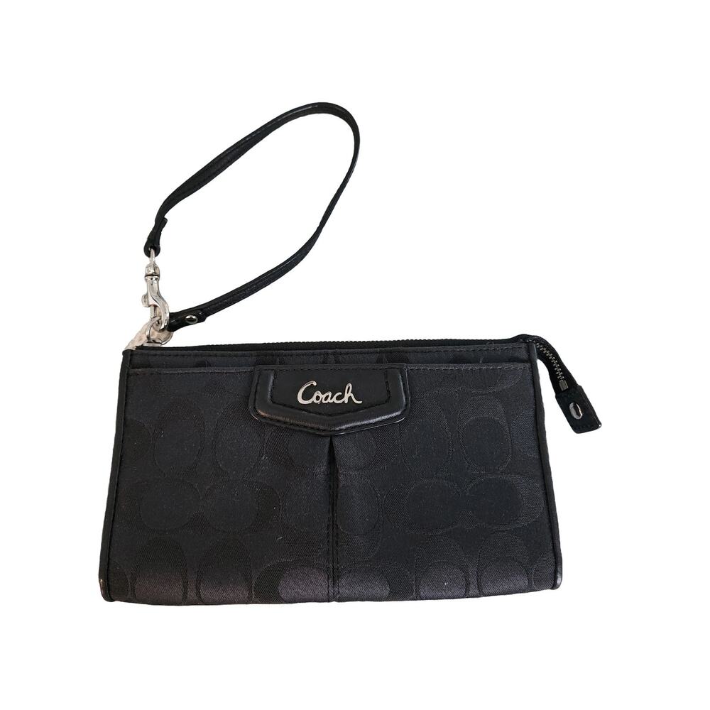 Coach Black Signature Fabric Wristlet Clutch Zippered Wallet Detachable Strap